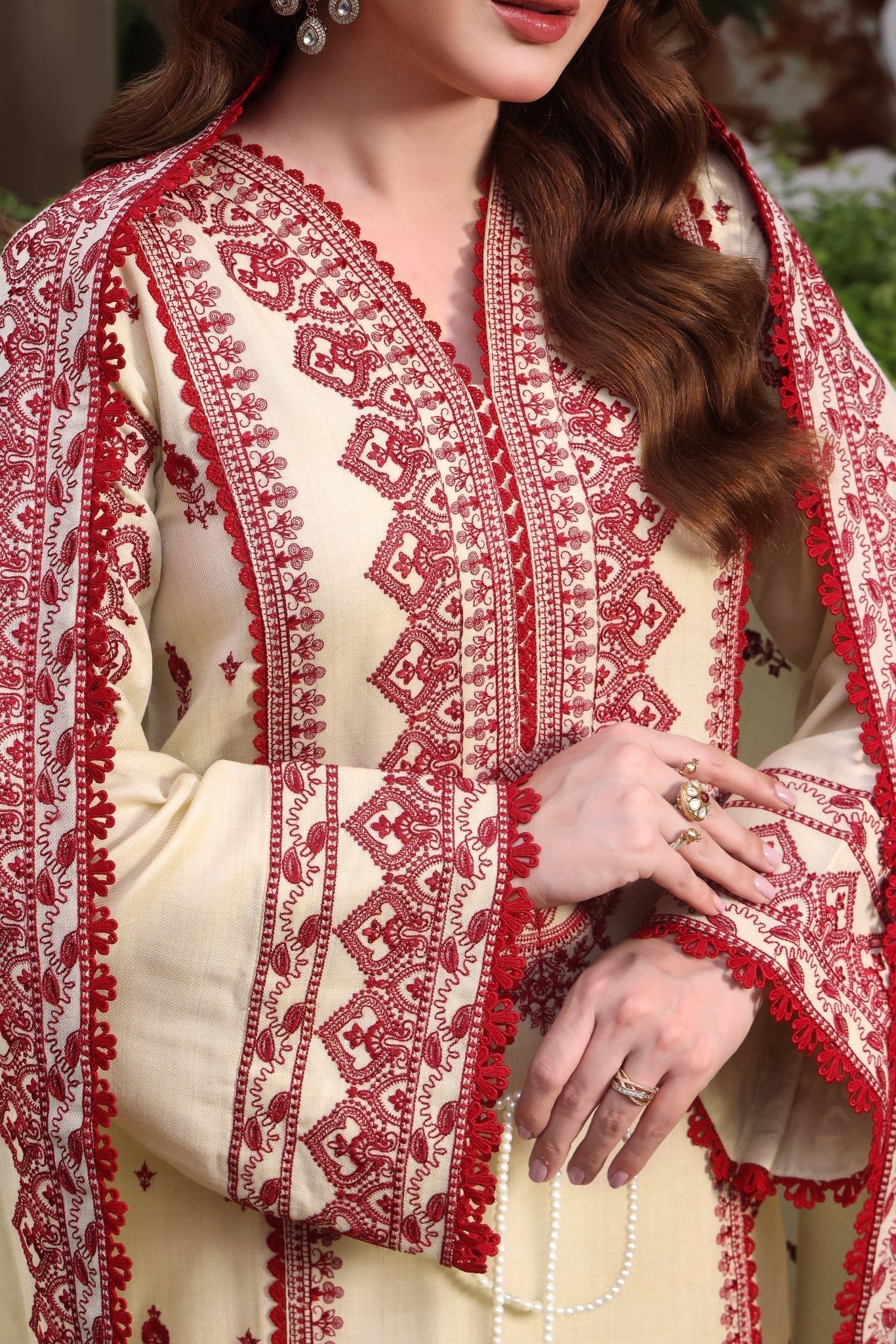 EMBROIDERED SHIRT WITH DHANAK EMBROIDERED SHAWL & TROUSER