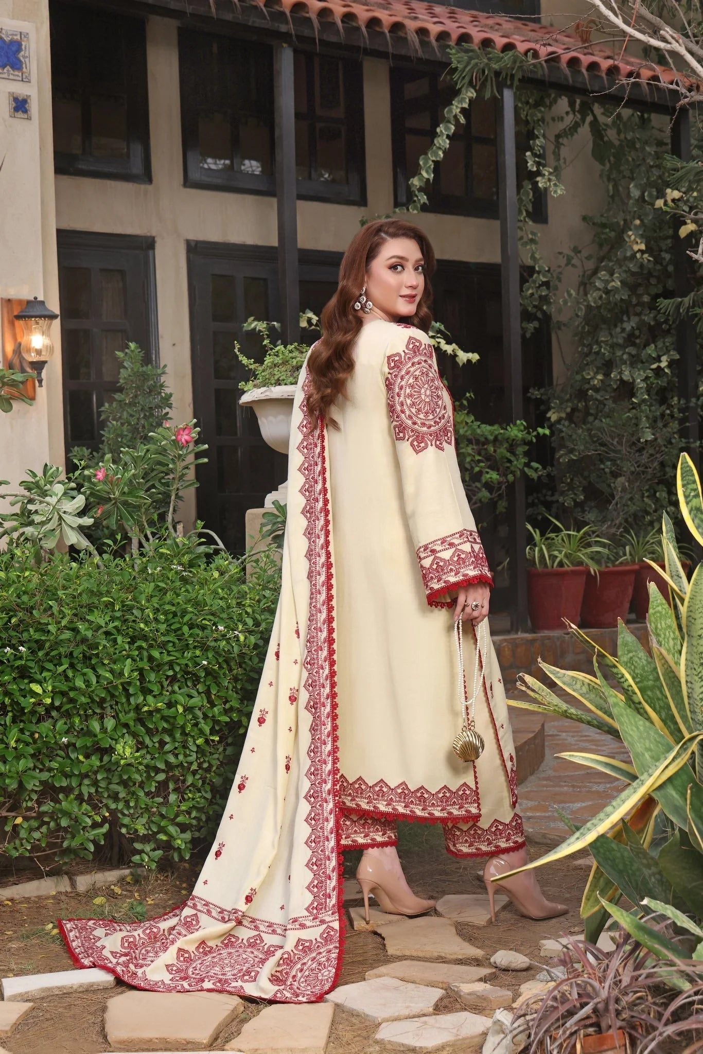 EMBROIDERED SHIRT WITH DHANAK EMBROIDERED SHAWL & TROUSER
