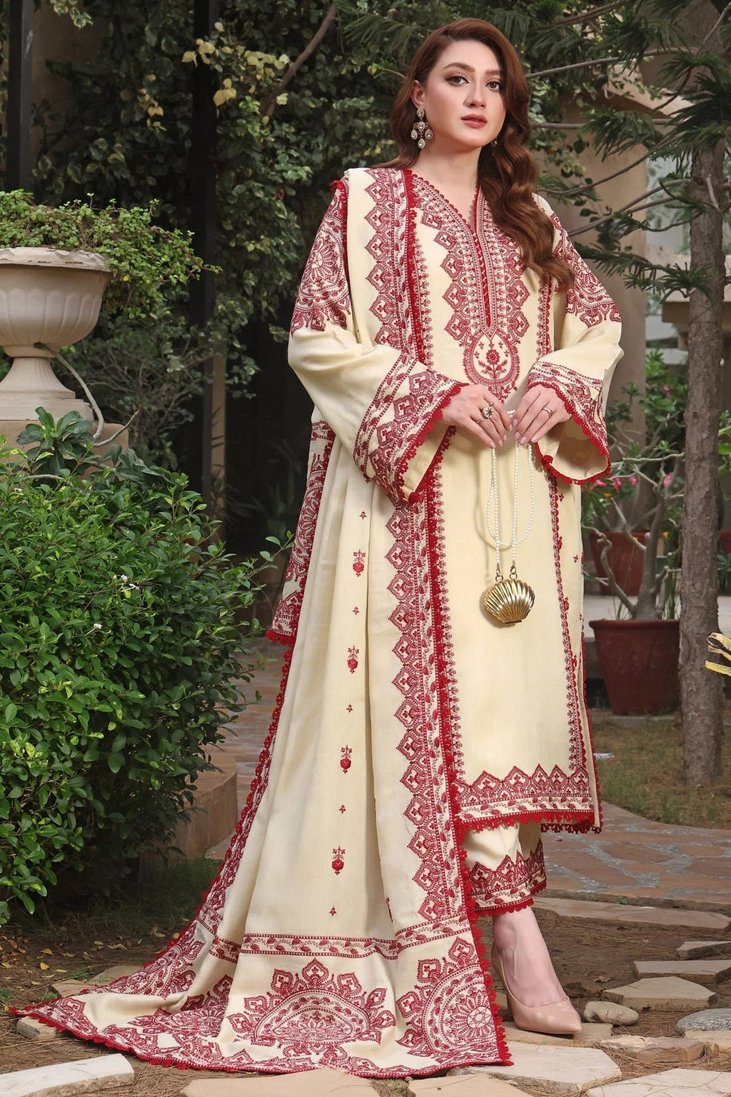 EMBROIDERED SHIRT WITH DHANAK EMBROIDERED SHAWL & TROUSER