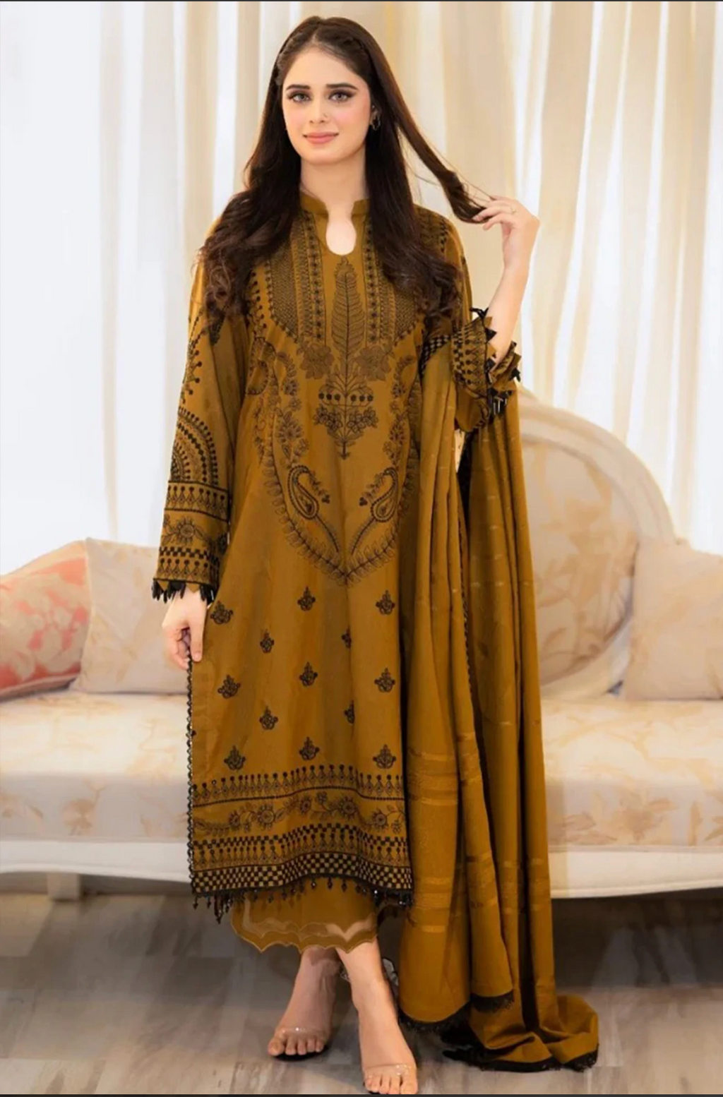 3-Pc Embroidered Dhanak Suit with Heavy Embroidered Dhanak Shawll