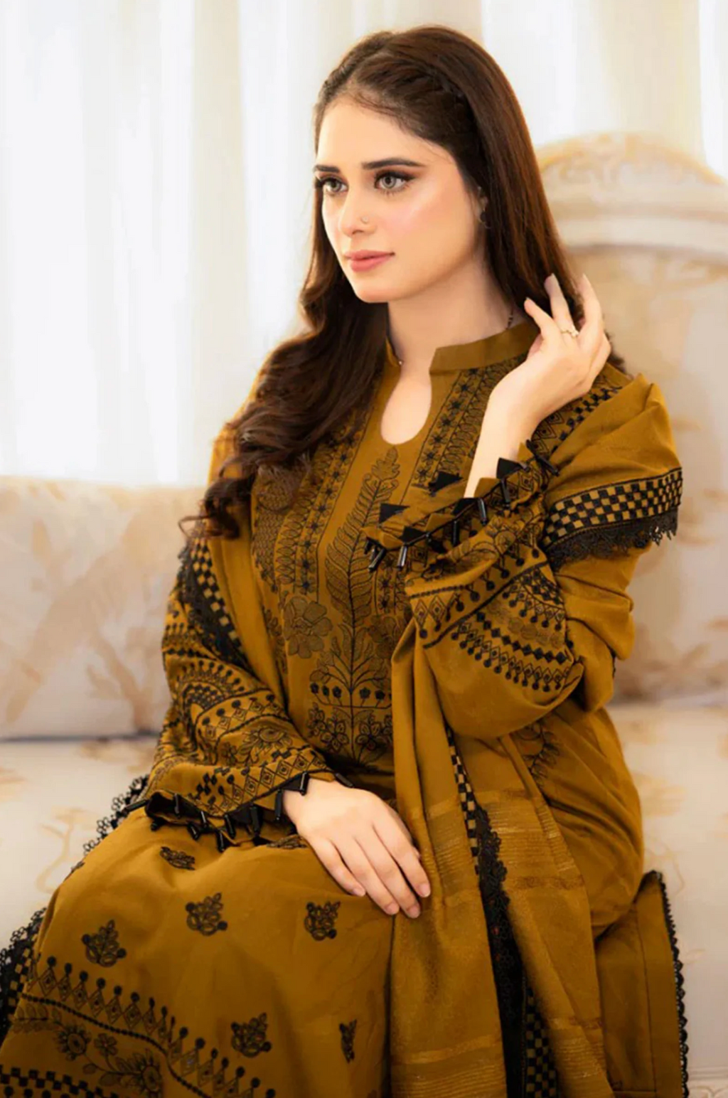 3-Pc Embroidered Dhanak Suit with Heavy Embroidered Dhanak Shawll